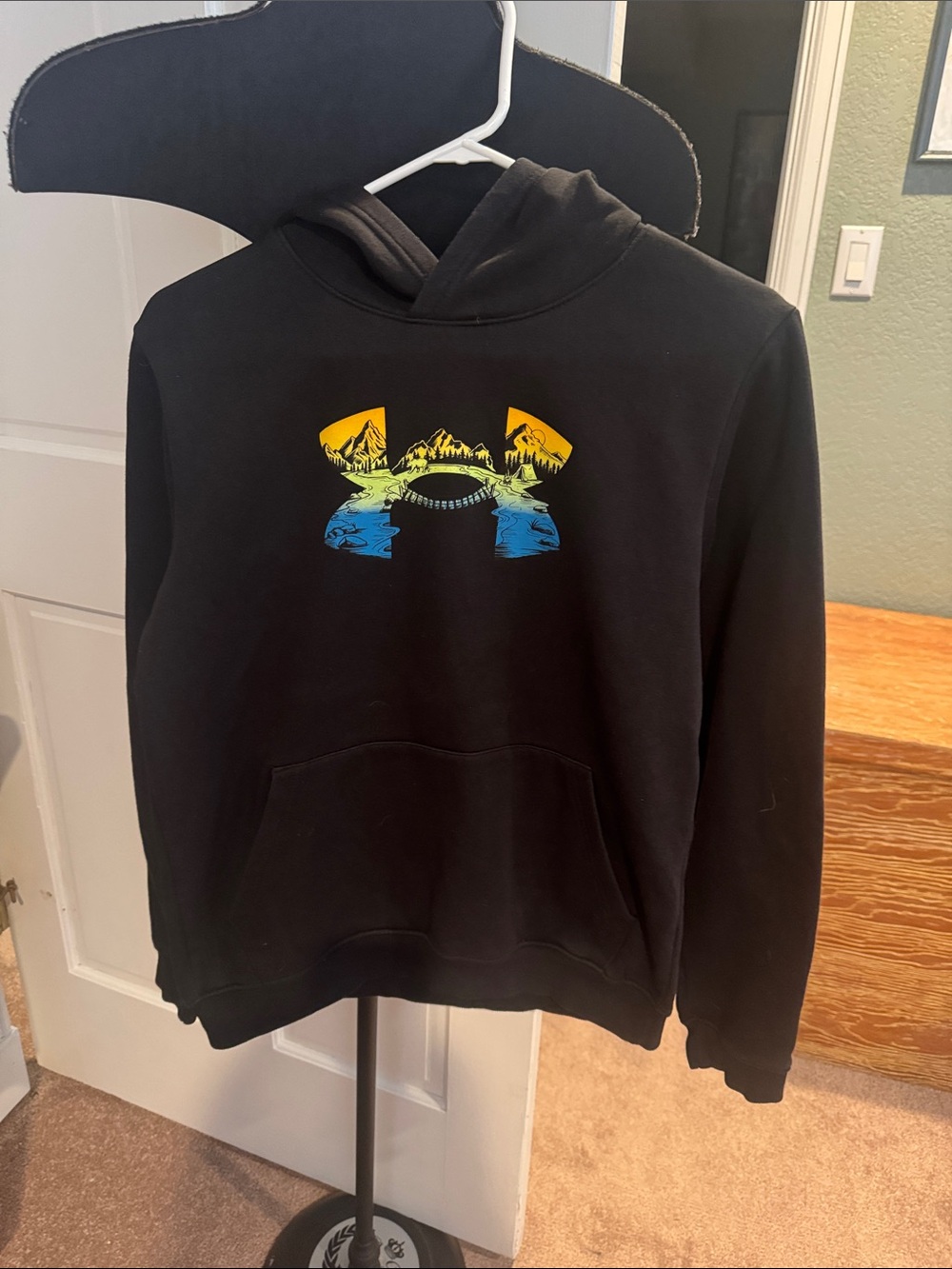 Under Armour Black Hoodie with Yellow-Green-Blue Gradient Logo